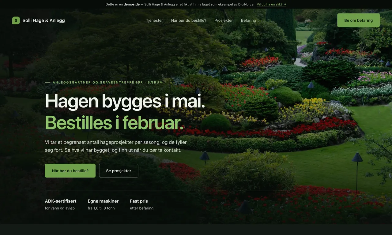 Skjermbilde av en anleggsgartnernettside laget av DigiNorce, vist pa laptop