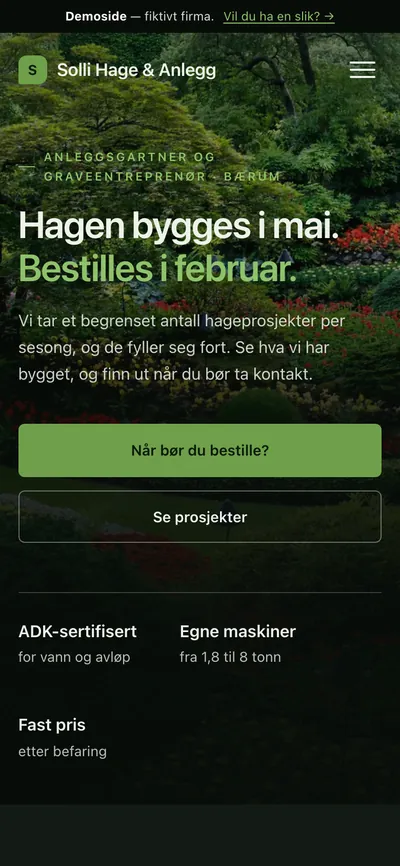 Samme anleggsgartnernettside vist pa mobil