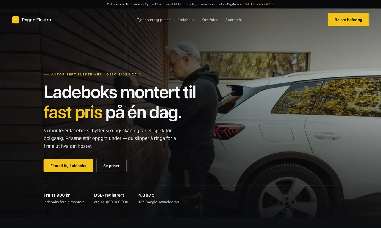 Skjermbilde av en elektrikernettside laget av DigiNorce, vist pa laptop