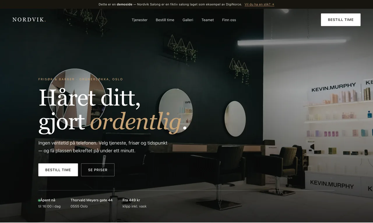 Skjermbilde av en frisørnettside laget av DigiNorce, vist på laptop