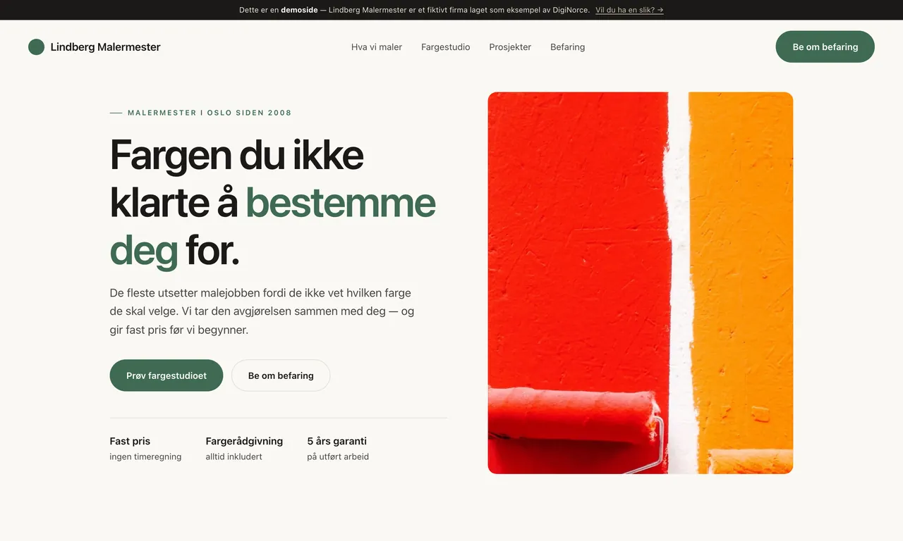 Skjermbilde av en malernettside laget av DigiNorce, vist pa laptop