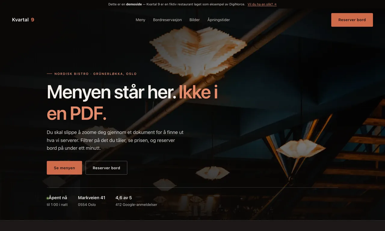 Skjermbilde av en restaurantnettside laget av DigiNorce, vist pa laptop