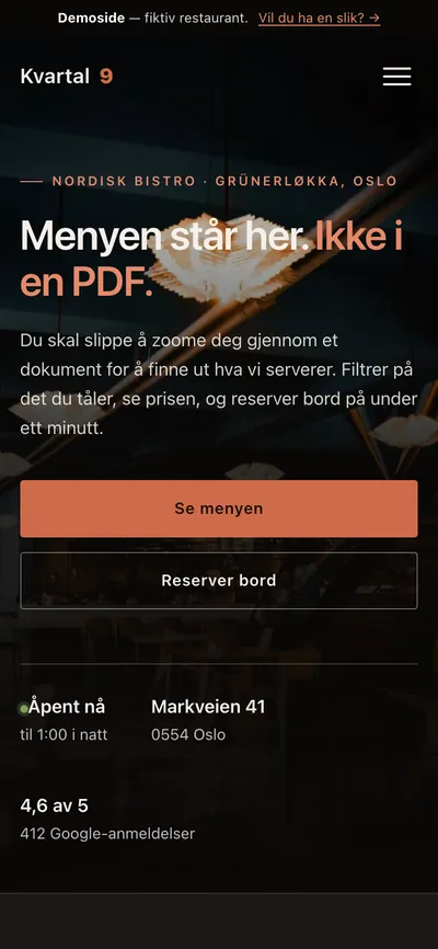 Samme restaurantnettside vist pa mobil