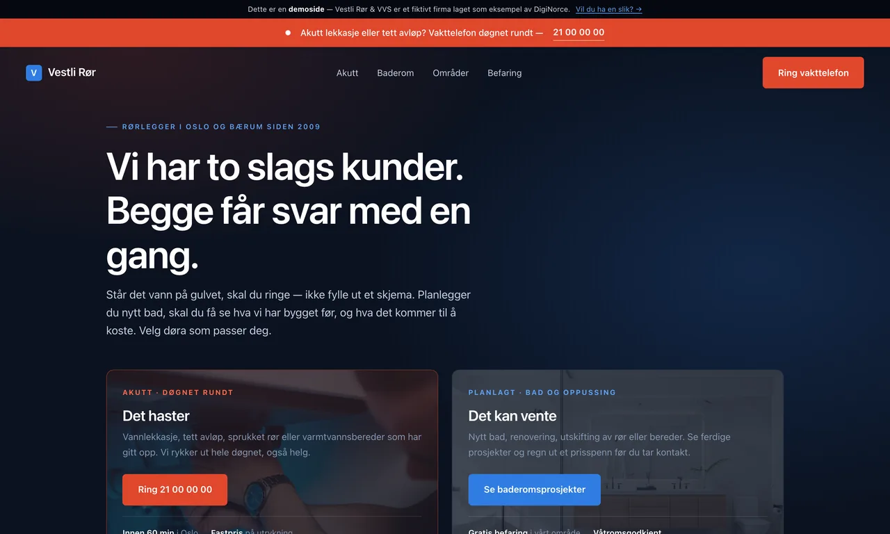 Skjermbilde av en rørleggernettside laget av DigiNorce, vist pa laptop