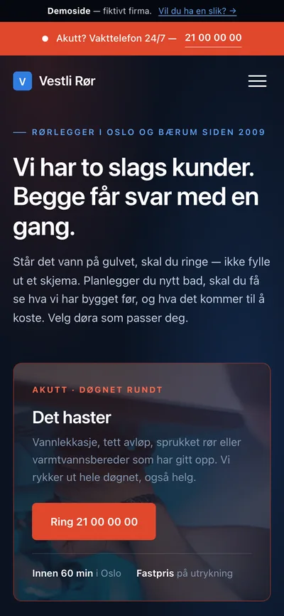 Samme rørleggernettside vist pa mobil