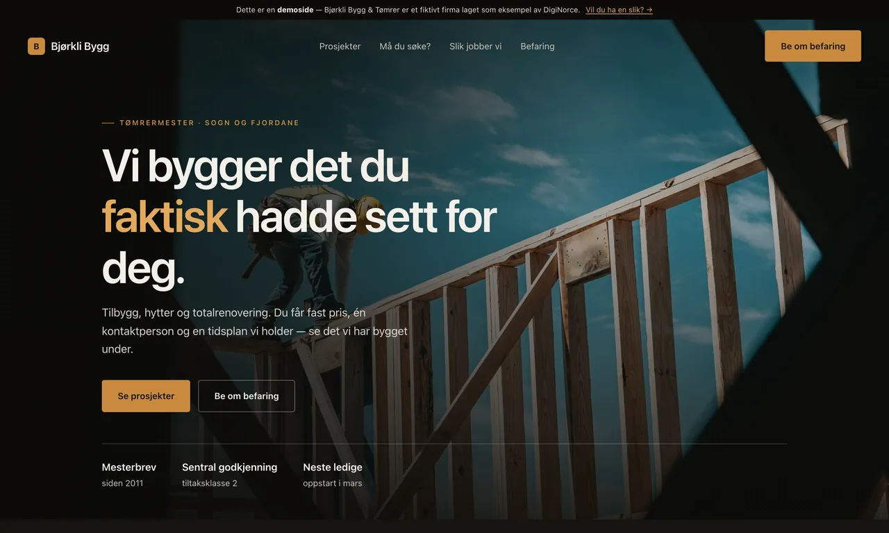 Skjermbilde av en snekkernettside laget av DigiNorce, vist pa laptop