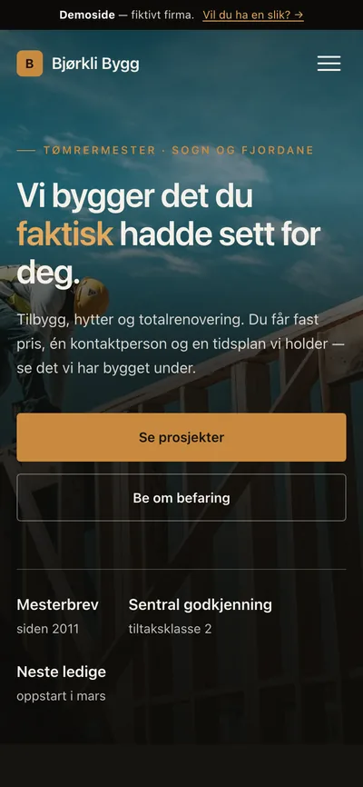 Samme snekkernettside vist pa mobil